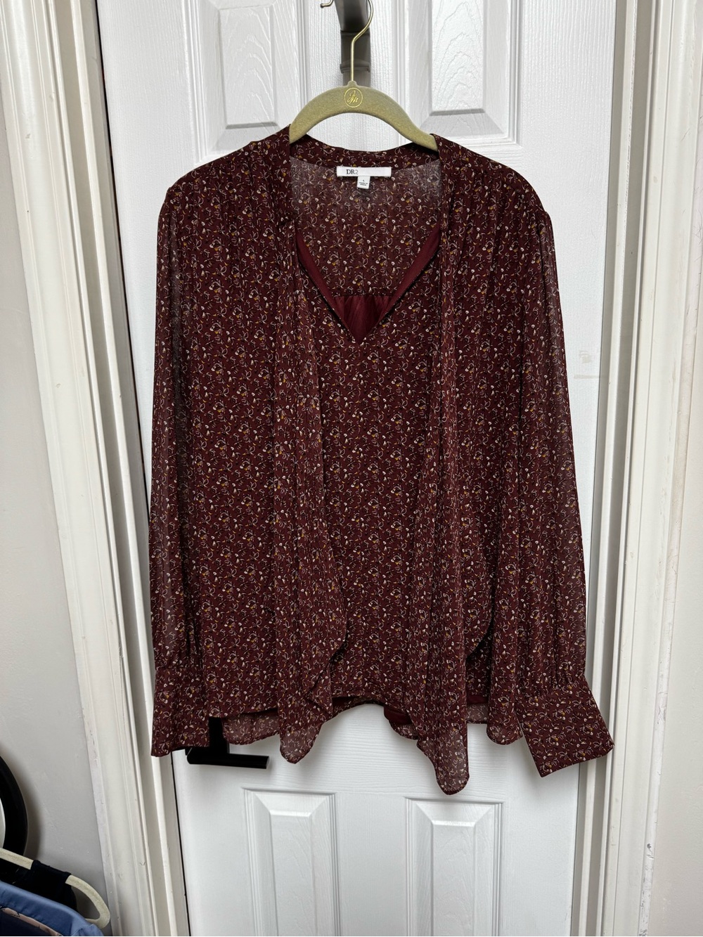 DR2 Women's Burgundy Floral Tie-Neck Blouse